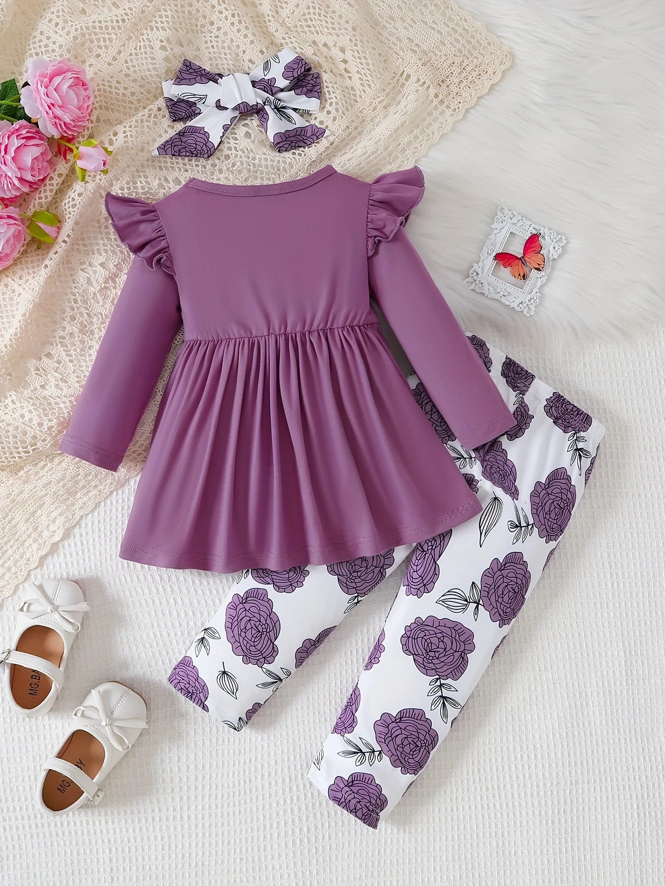 0-3 Years Baby Girl 3PCS Clothes Set Purple Short Sleeved Top+Floral Pants+Headband Fashion Toddler Girl Summer Daily Outfits