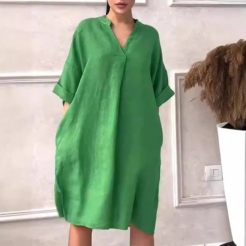 Fashion Cotton And Linen Women's V-neck Loose Dress women fashion'/MH