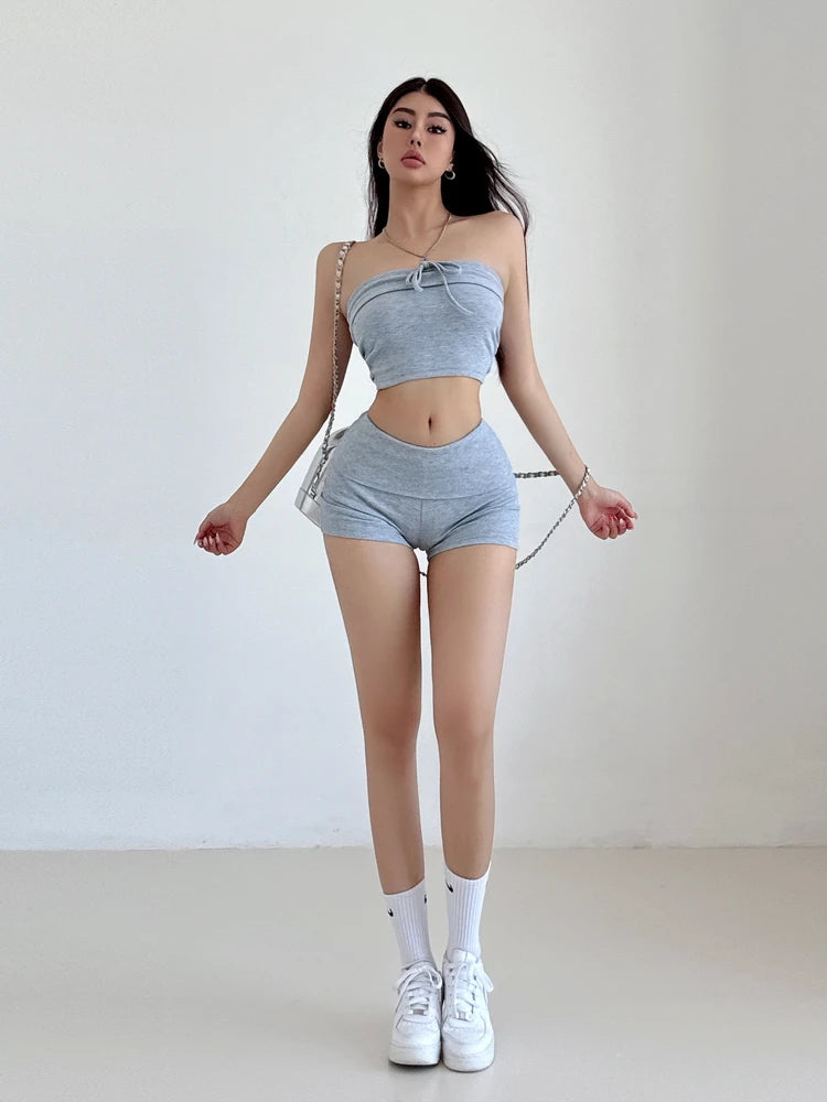 Summer Spicy Girl Casual Lace Up Bra Flip Waist Shorts Two Piece Fashion Set Fashion Casual Women Shorts Set 2024 New TX7C