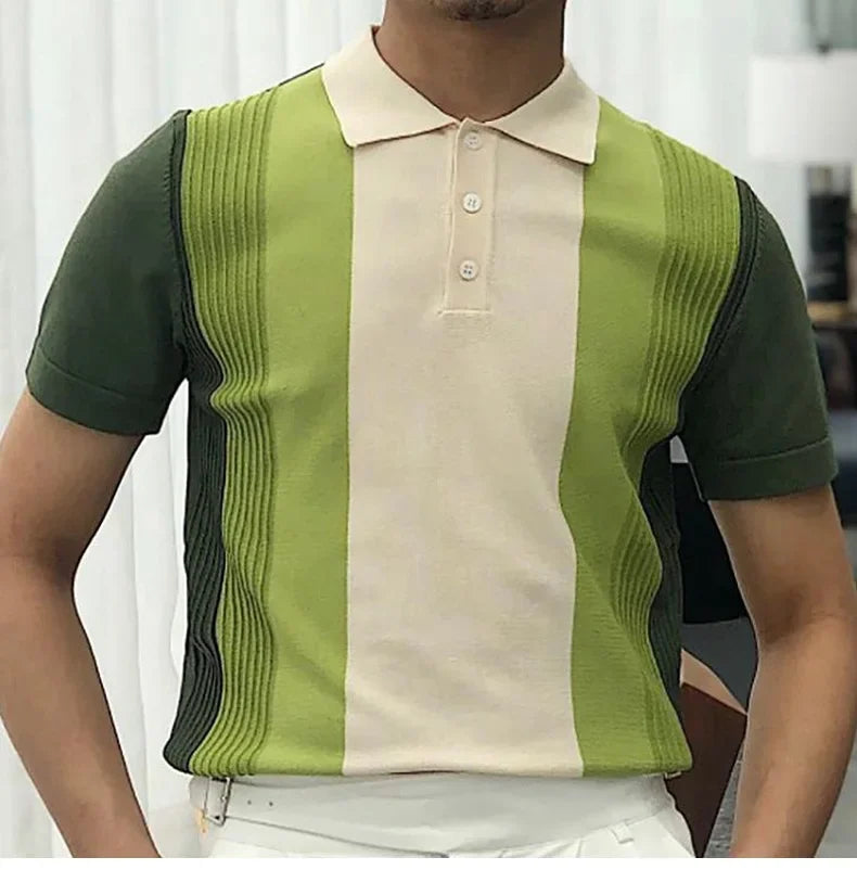 2025 Summer Contrast Color Knitted Polo Shirts Men Green Stripe Turn-down Collar Tops for Men Slim Fit Casual Business Polos