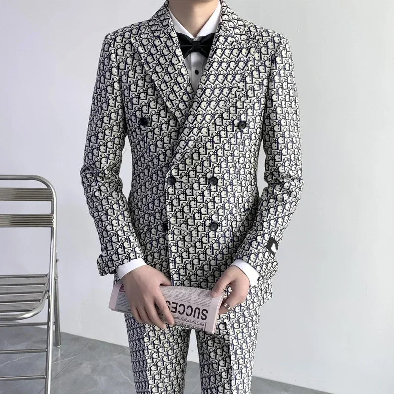 Printed Letter Men Suits Slim Fit Double Breasted Groom .