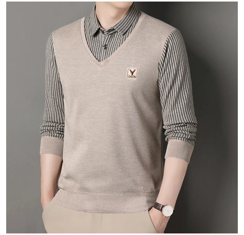 Men's Winter Sweater Fashion Polo Shirt Pullover Slim Fit Elegant Luxury Brand Knitwear Fake Two Pieces Knitted Sweaters