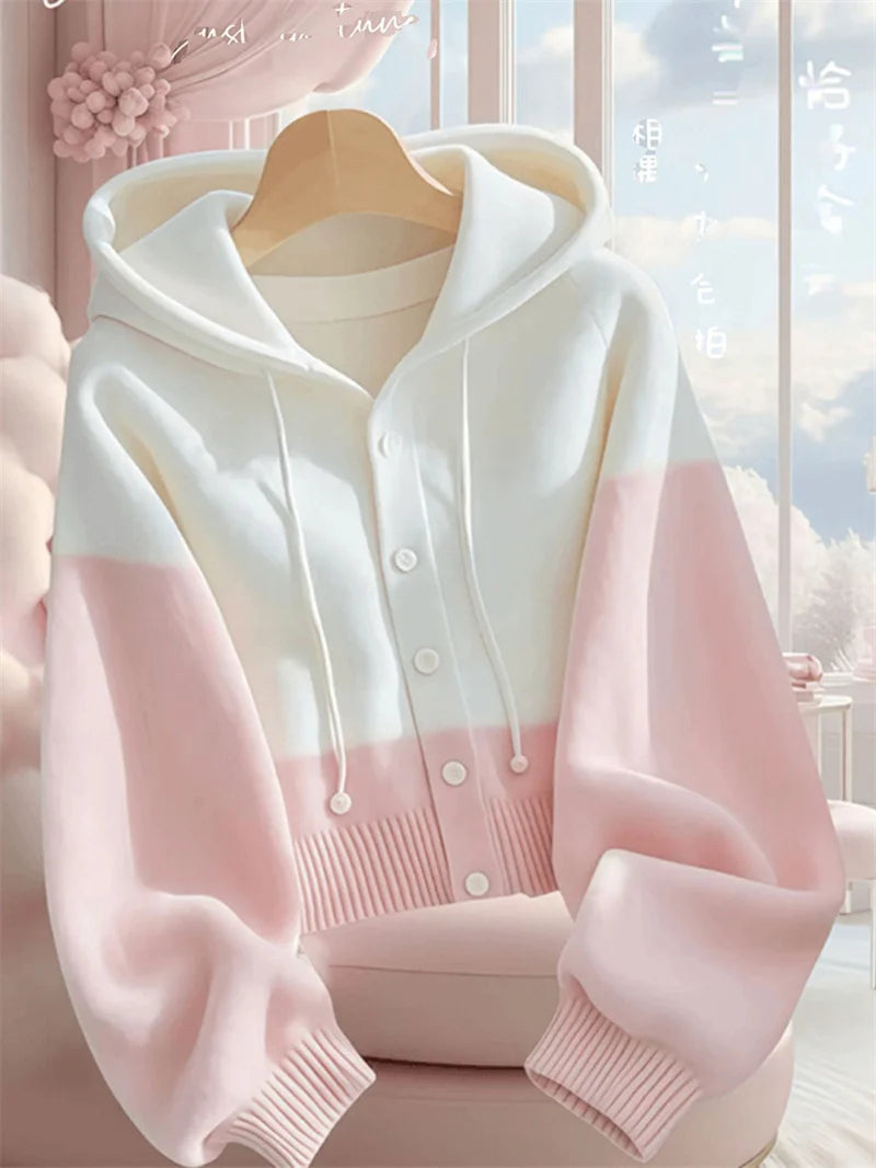 Women Spring Autumn Patchwork Knitted Cardigan Sweater 2025 New Korean Ladies Single Breasted Sweater Hooded Jacket Elegant Coat