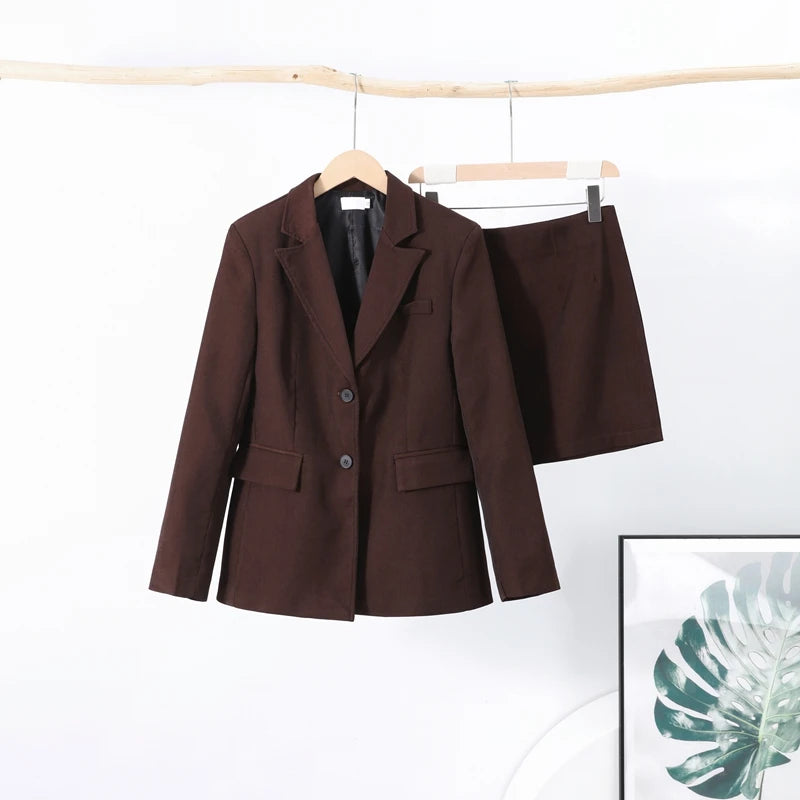 Elegant Lapel Blazer Skirt Set Women Casual Slim.