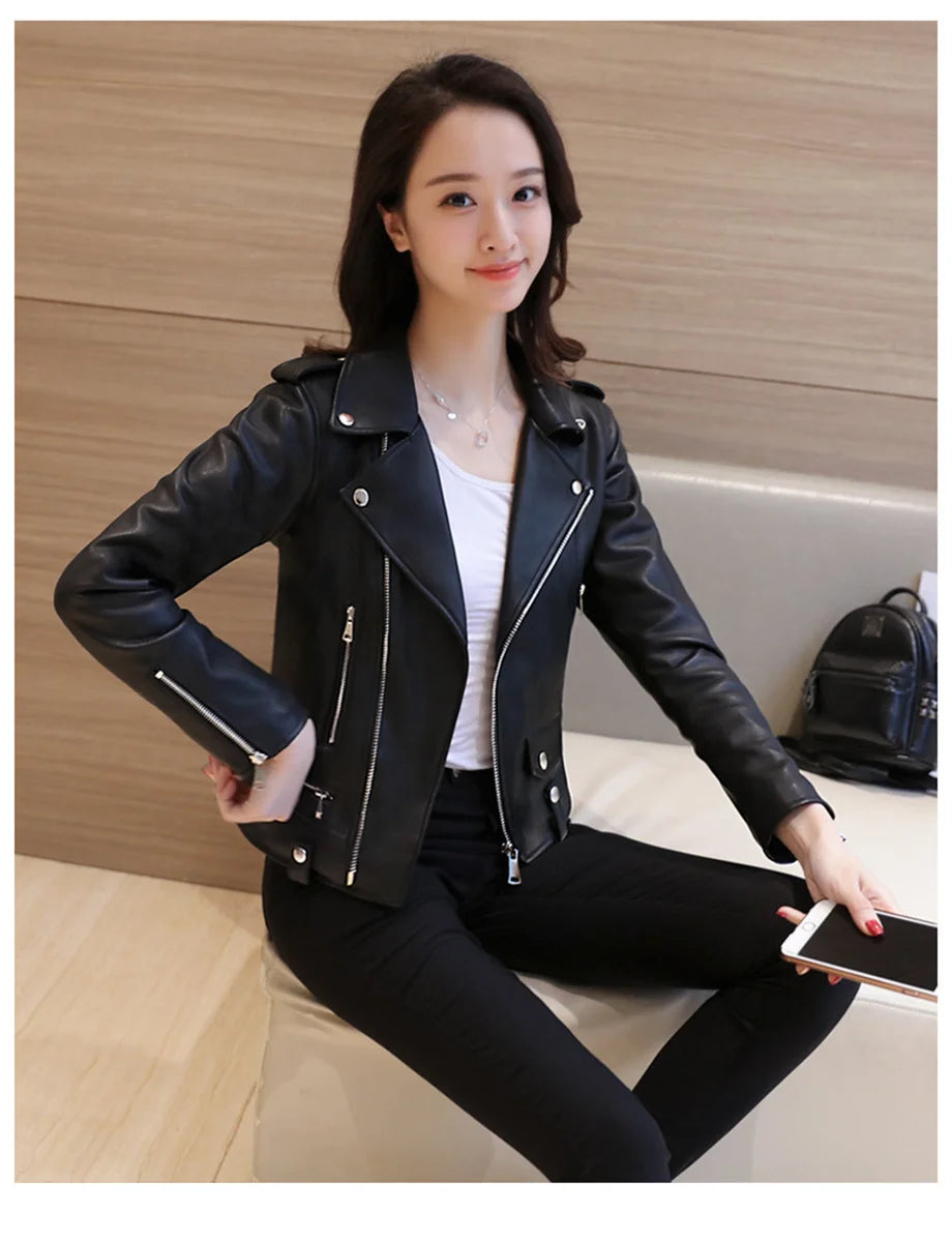 Women Cool Slim Fit Faux Leather Jacket Long Sleeve .