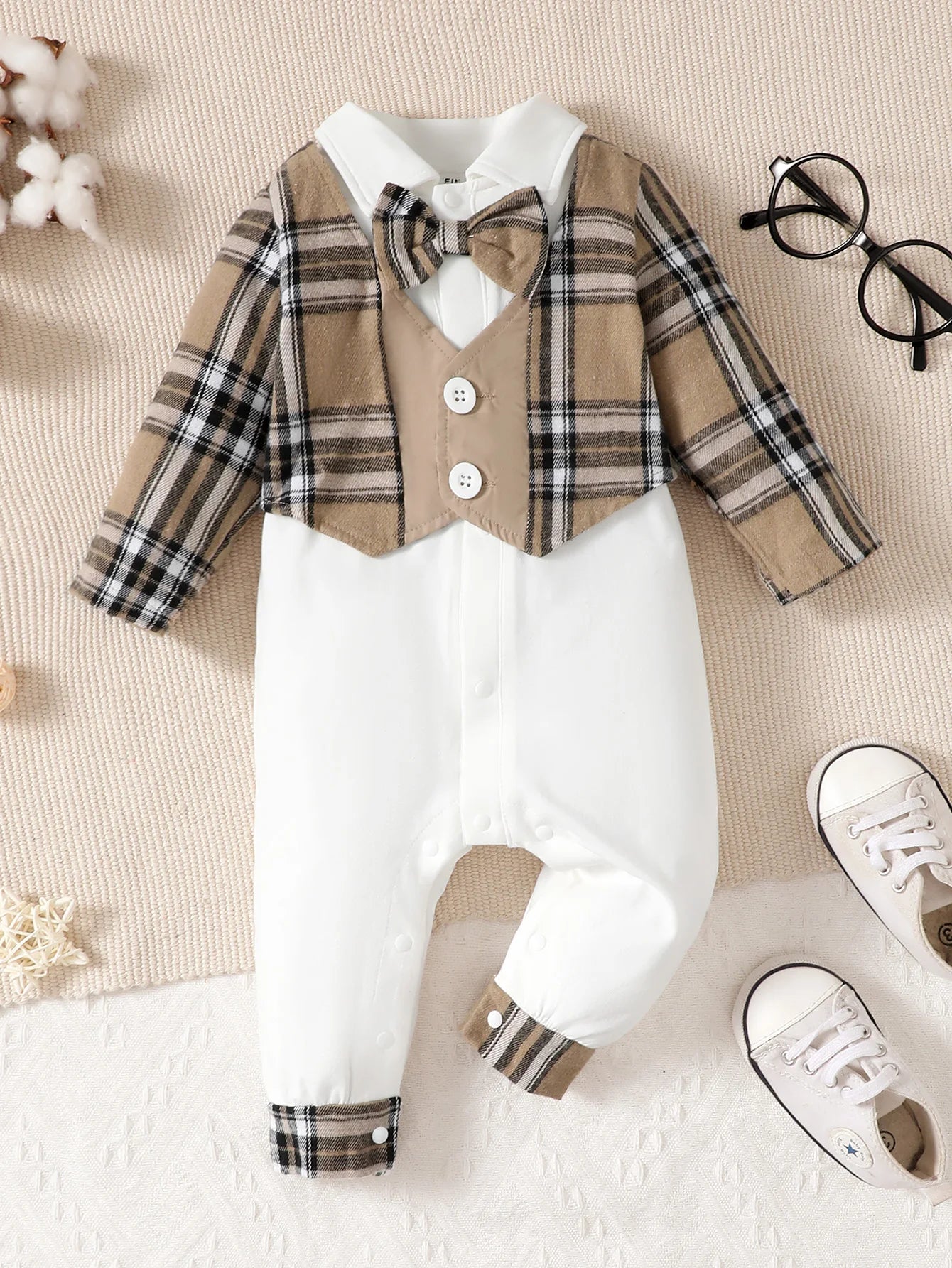 2Pcs Baby Boy Lapel Checkered Bodysuit+Hat Set .