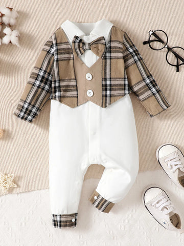 2Pcs Baby Boy Lapel Checkered Bodysuit+Hat Set .