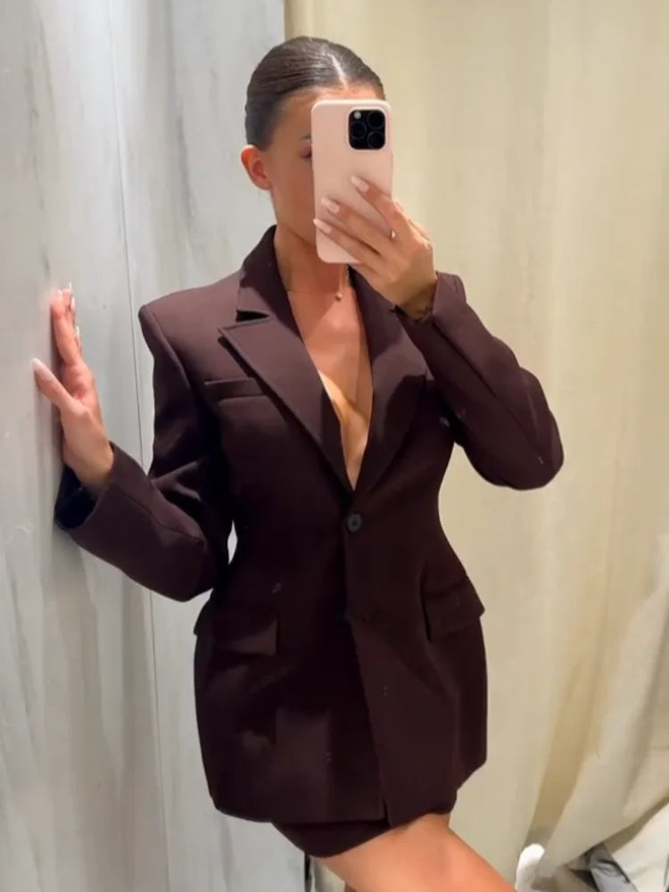 Elegant Lapel Blazer Skirt Set Women Casual Slim.