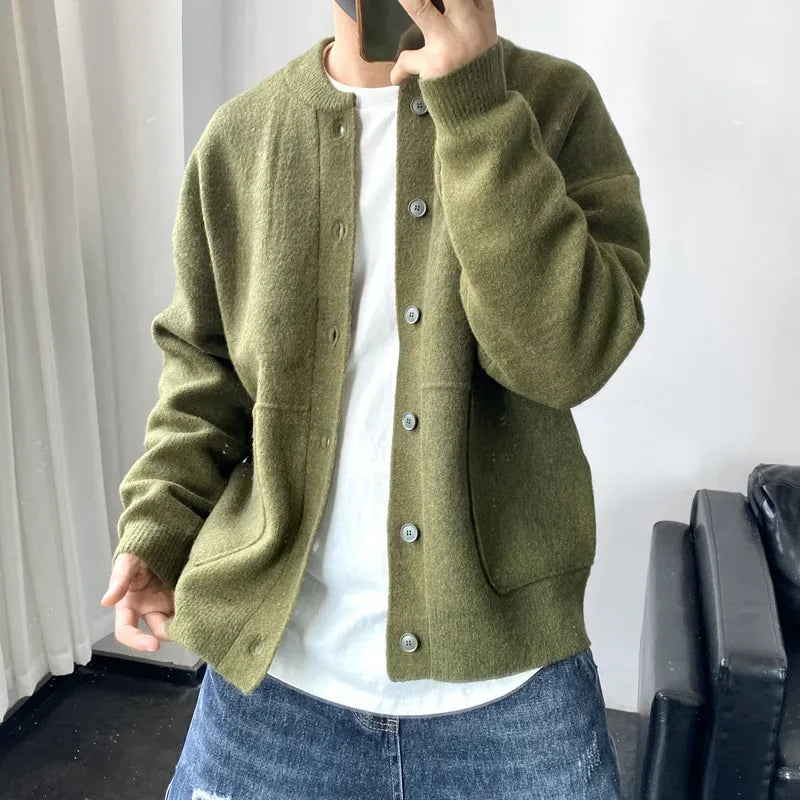Japanese Style Men's Cardigan Sweater Knitted Top Round Neck Jacket.