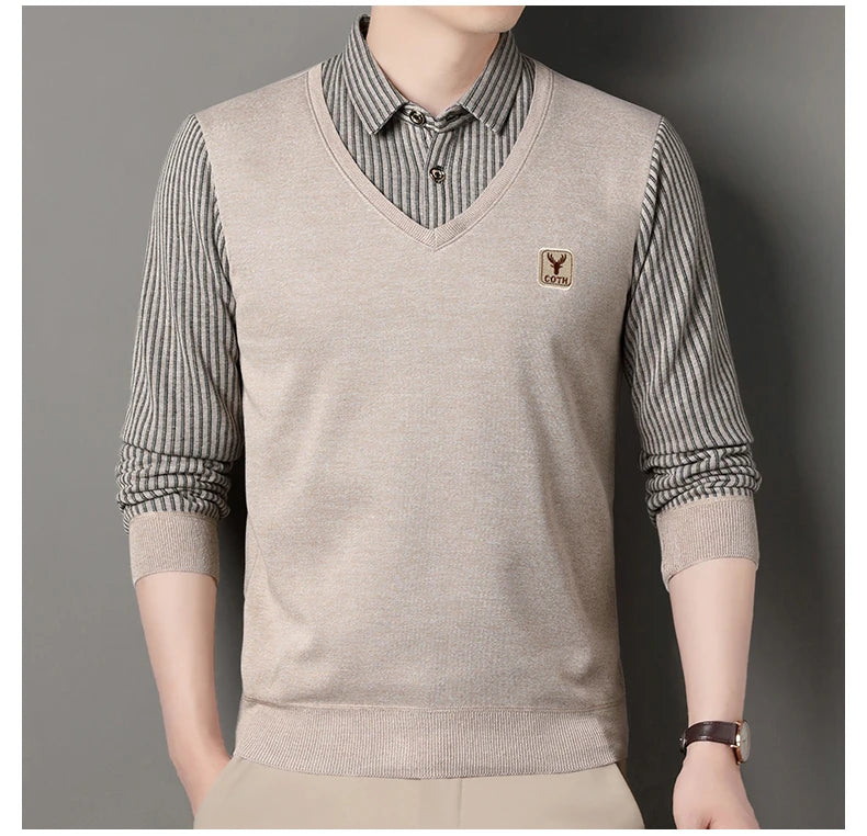 Men's Winter Sweater Fashion Polo Shirt Pullover Slim Fit Elegant Luxury Brand Knitwear Fake Two Pieces Knitted Sweaters