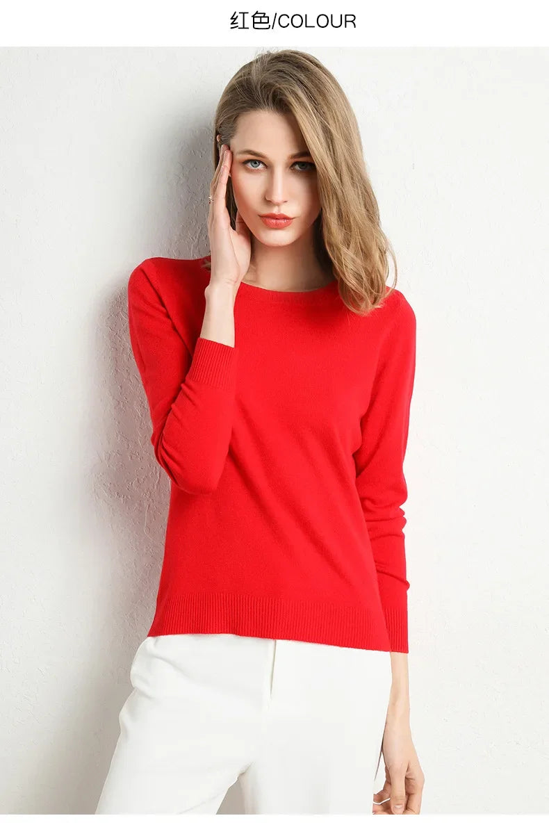 Women Slim O-Neck Pullover Cashmere Wool Blending Sweater.