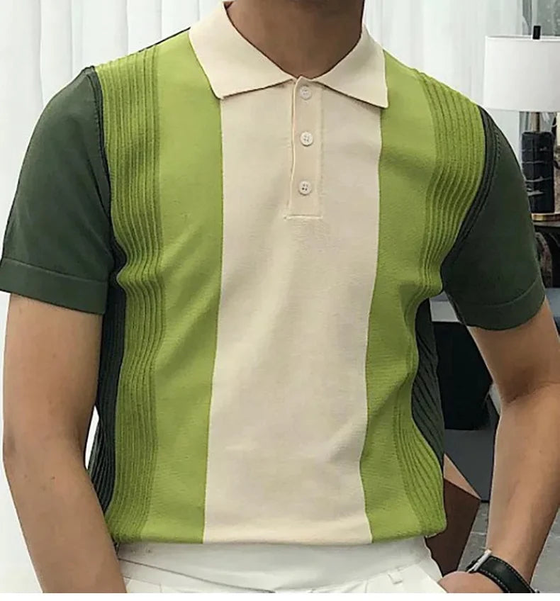 2025 Summer Contrast Color Knitted Polo Shirts Men Green Stripe Turn-down Collar Tops for Men Slim Fit Casual Business Polos