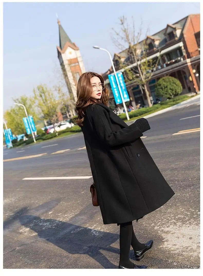 Black Woolen Coat Women's Mid Length New Style .