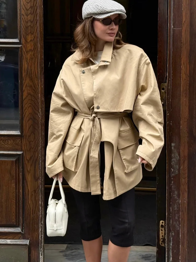 Single Breasted Khaki Belt Trench Coat Women.