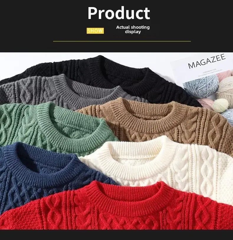 Trendy Knitted Sweater For Men Casual Round Neck Warm Inner Loose.