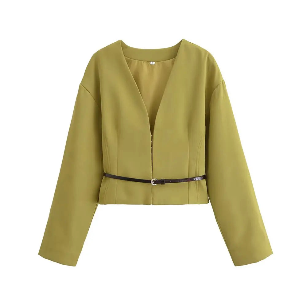 TRZA-Women's Fitted Blazer Coat with Belt, V Neck,.