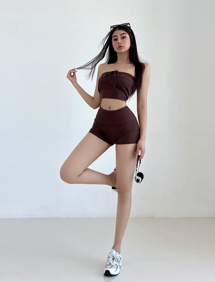 Summer Spicy Girl Casual Lace Up Bra Flip Waist Shorts Two Piece Fashion Set Fashion Casual Women Shorts Set 2024 New TX7C