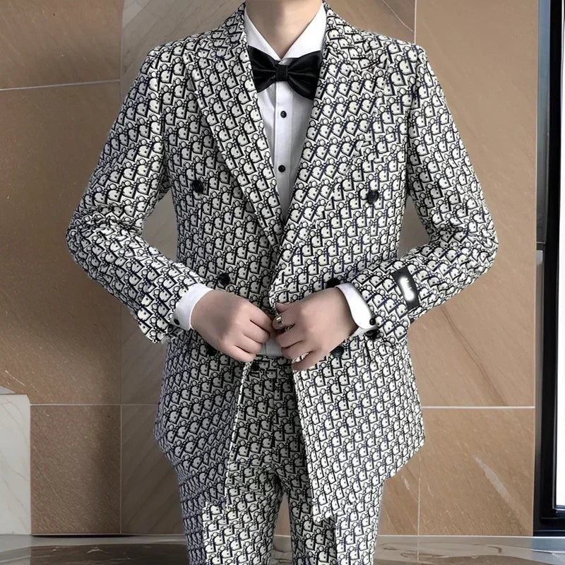 Printed Letter Men Suits Slim Fit Double Breasted Groom .