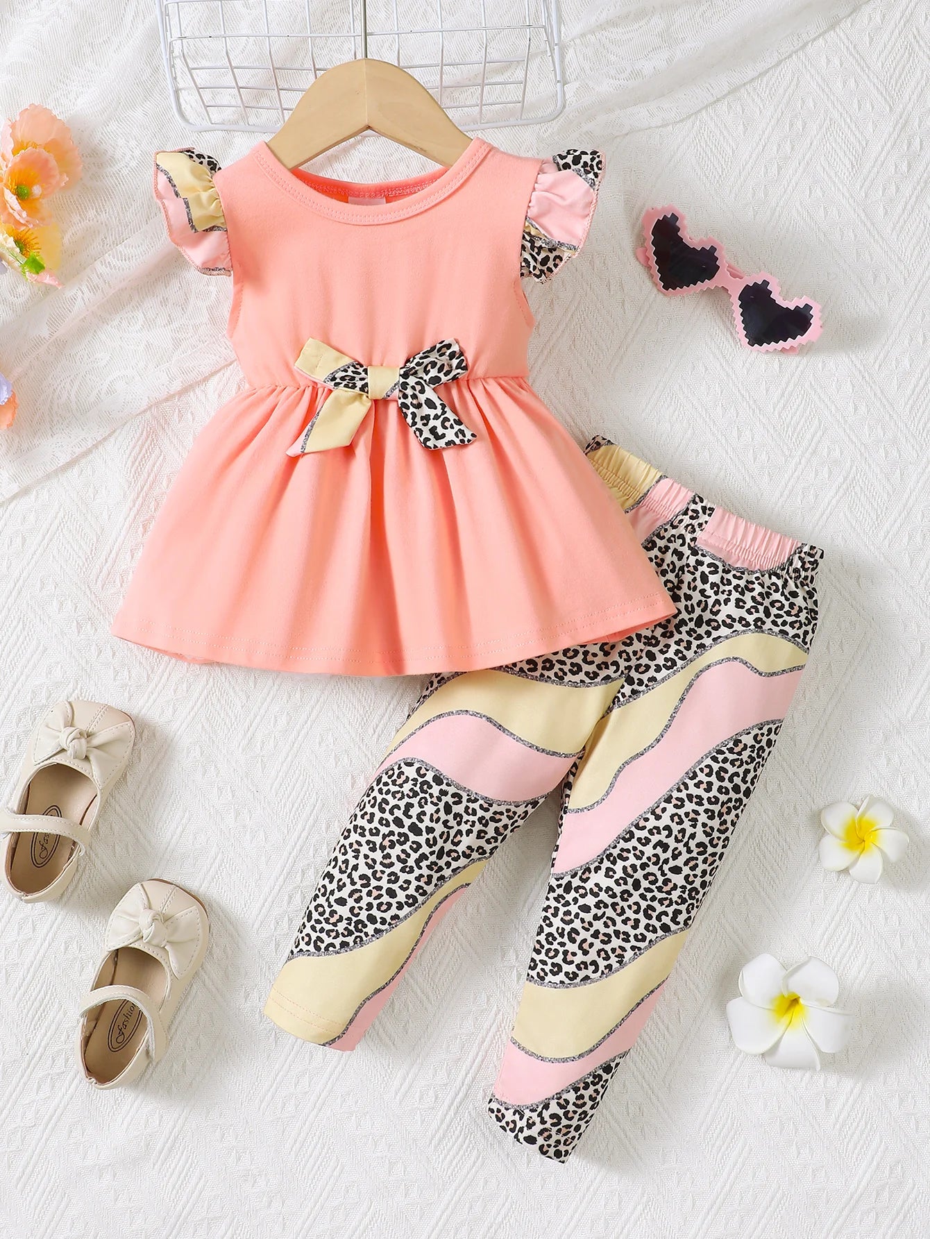 New Baby Girl Casual Round Neck Sleeveless Dress Printed Pants Two Piece Set.
