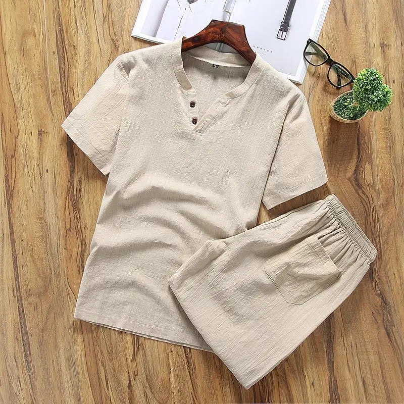 Two Piece Set Men Summer Vintage Simple Casual V Neck Short Sleeve Cotton Linen T Shirt Vacation Solid Loose Beach Shorts Ropa