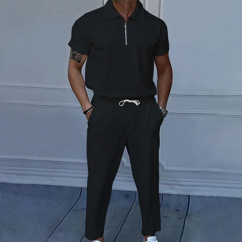 Casual Mens Corduroy Suits Short Sleeve Zipper Polo Shirts And Pants Mens Two Piece Sets Streetwear 2024 Summer Fashion Outfits