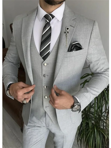 3 Piece Light Gray Notch Lapel Single Breasted Suits for Men.