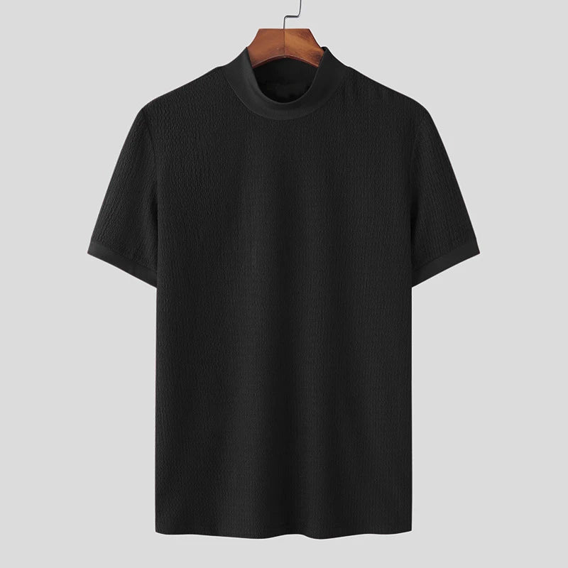 New Summer Fashion Tight T-shirt Casual Streetwear Textured High-neck Solid Color Short-sleeved Bottoming Tees Korean Style Tops