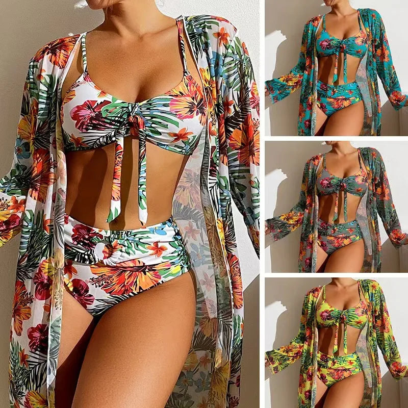 Bohemian Print Sexy Bikini 3 Pieces Floral Printed Swimsuit Women High Waisted Bikini Set With Mesh Long-Sleeved Blouse Swimsuit