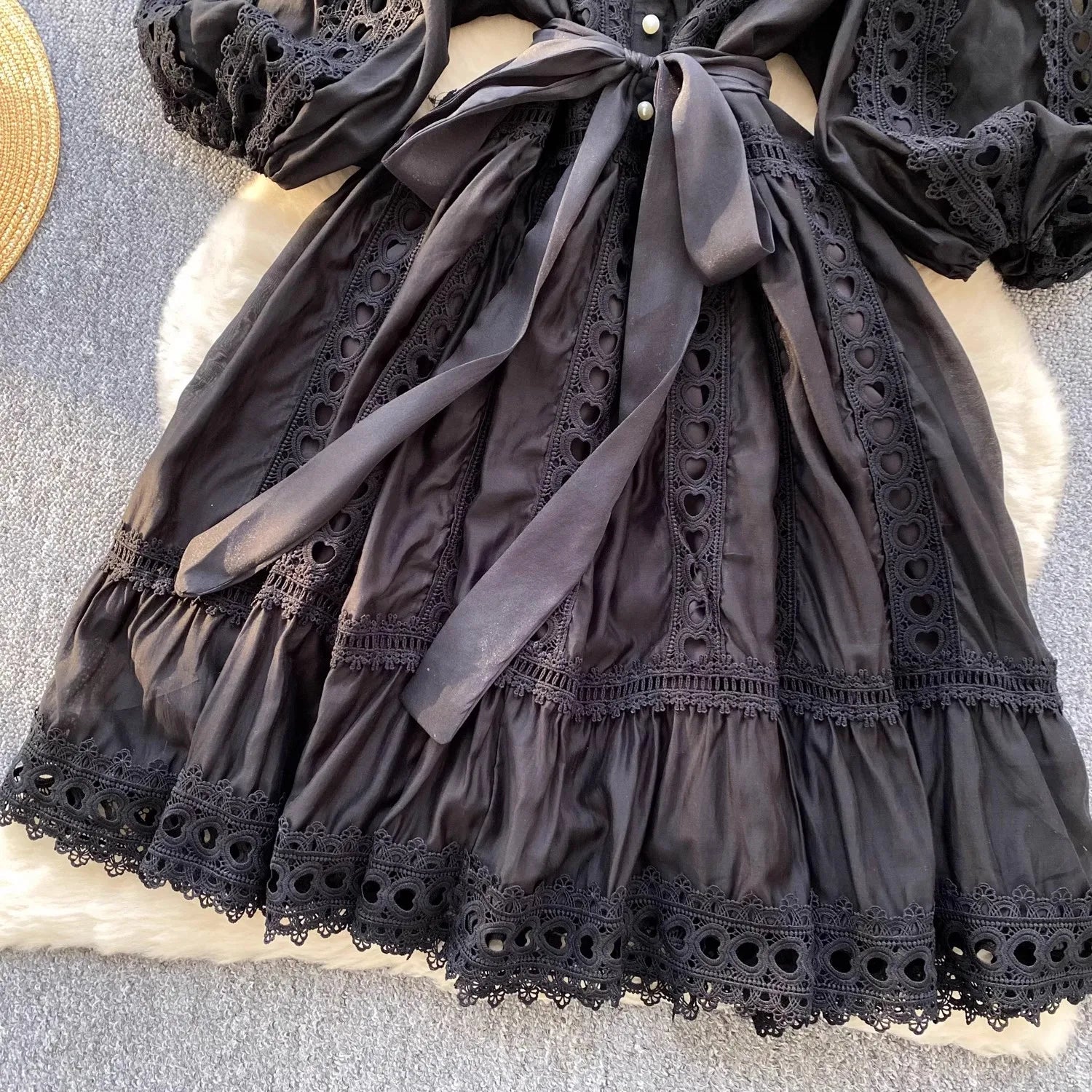 Spring Summer Embroidery Lace Stitching Hollow Out Midi Dress Women's Stand Collar Single Breasted Belt Loose Party Vestidos