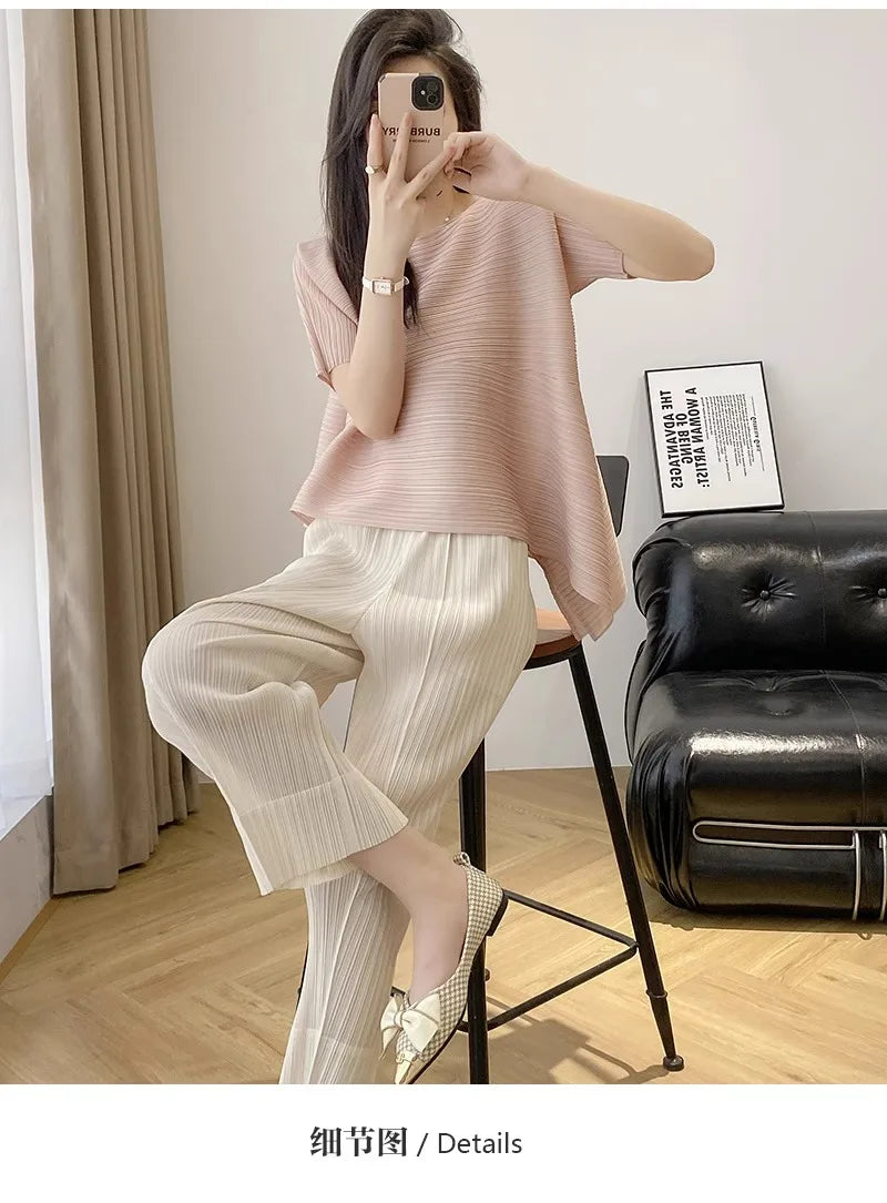 Miyake style pleated tops for women 2024 summer new high-end loose large size stretch fabric clothes temperament T-shirt