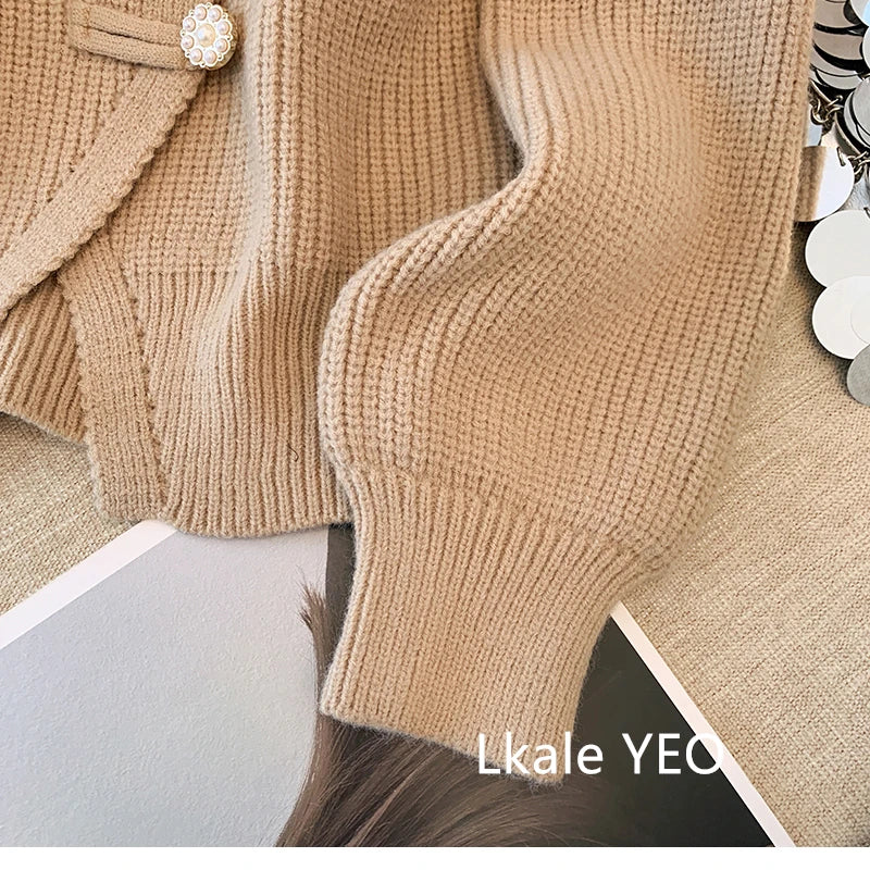 New 2025 Autumn Winter Design Splicing Slim Women Knitted Cardigan Sweater Jacket Fashion Fake Two Items Loose Ladies Top