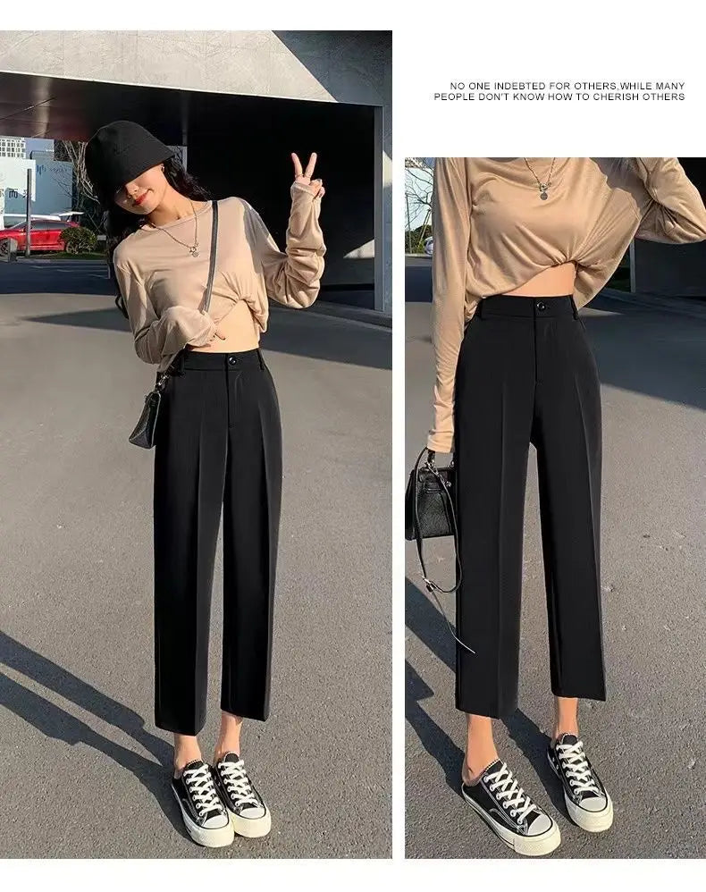 Fashion Office Pocket Black Loose Ankle-Length Pants Women New High Waist Korean Zipper Button All-match Lady Straight Trousers