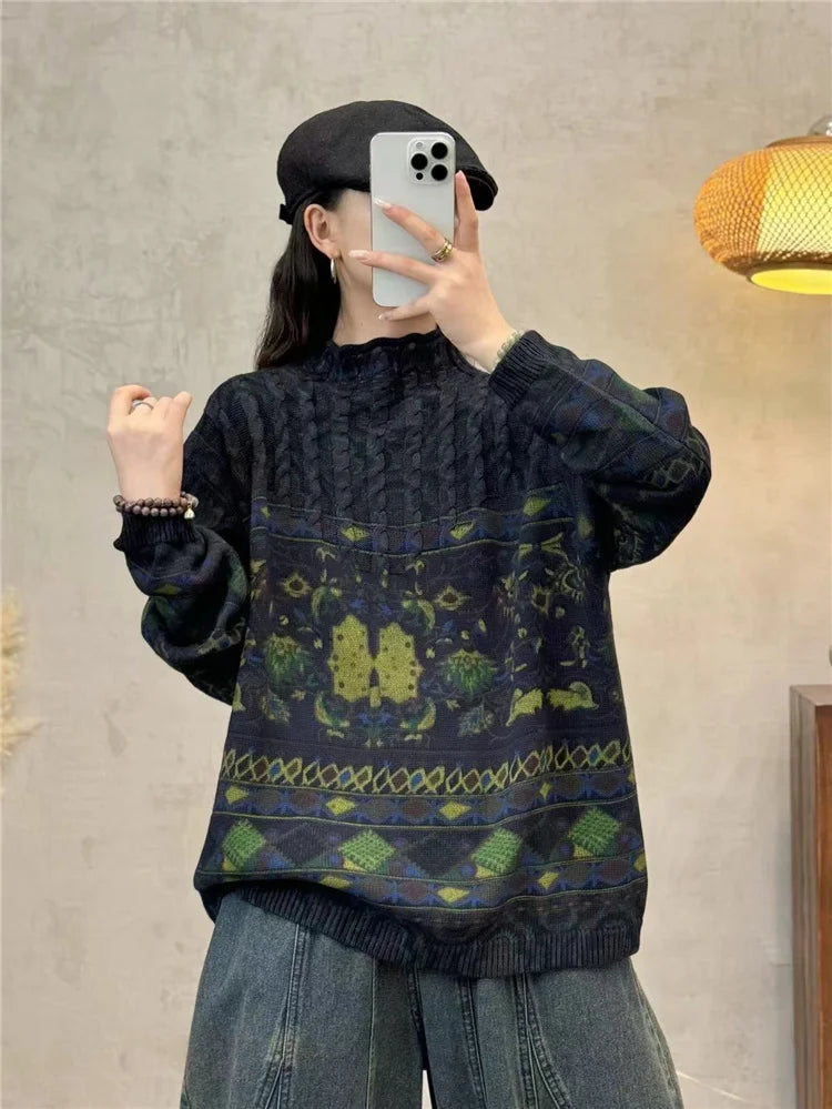 Amax luluE Fashion Pullover Woman Winter Printed Loose.