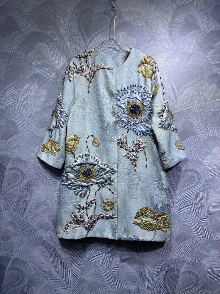 DLDENGHAN Beading Jacquard Coat For Women O-Neck Long Sleeves.