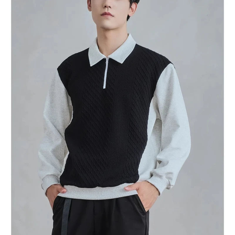 Trend Fashion Men Polo Shirts Spring Autumn New Lapel Half Zipper Fake Two Pieces Contrast Color Korean Casual Long Sleeve Tops