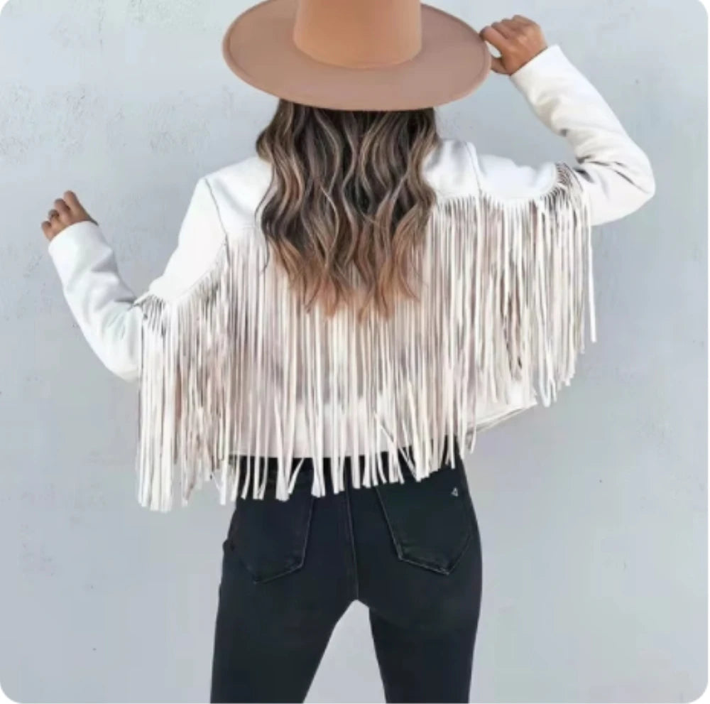 New women Motor Biker Cardigan OutwearsFaux Suede Tassel Jacket.