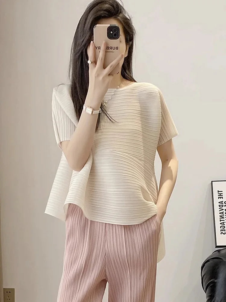 Miyake style pleated tops for women 2024 summer new high-end loose large size stretch fabric clothes temperament T-shirt