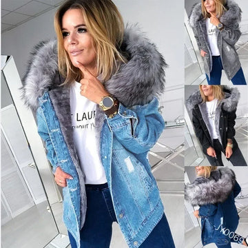 New Fashion Hooded Big Fur Collar Denim Jacket .