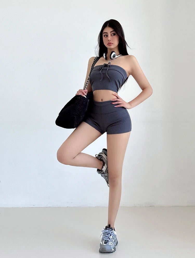 Summer Spicy Girl Casual Lace Up Bra Flip Waist Shorts Two Piece Fashion Set Fashion Casual Women Shorts Set 2024 New TX7C