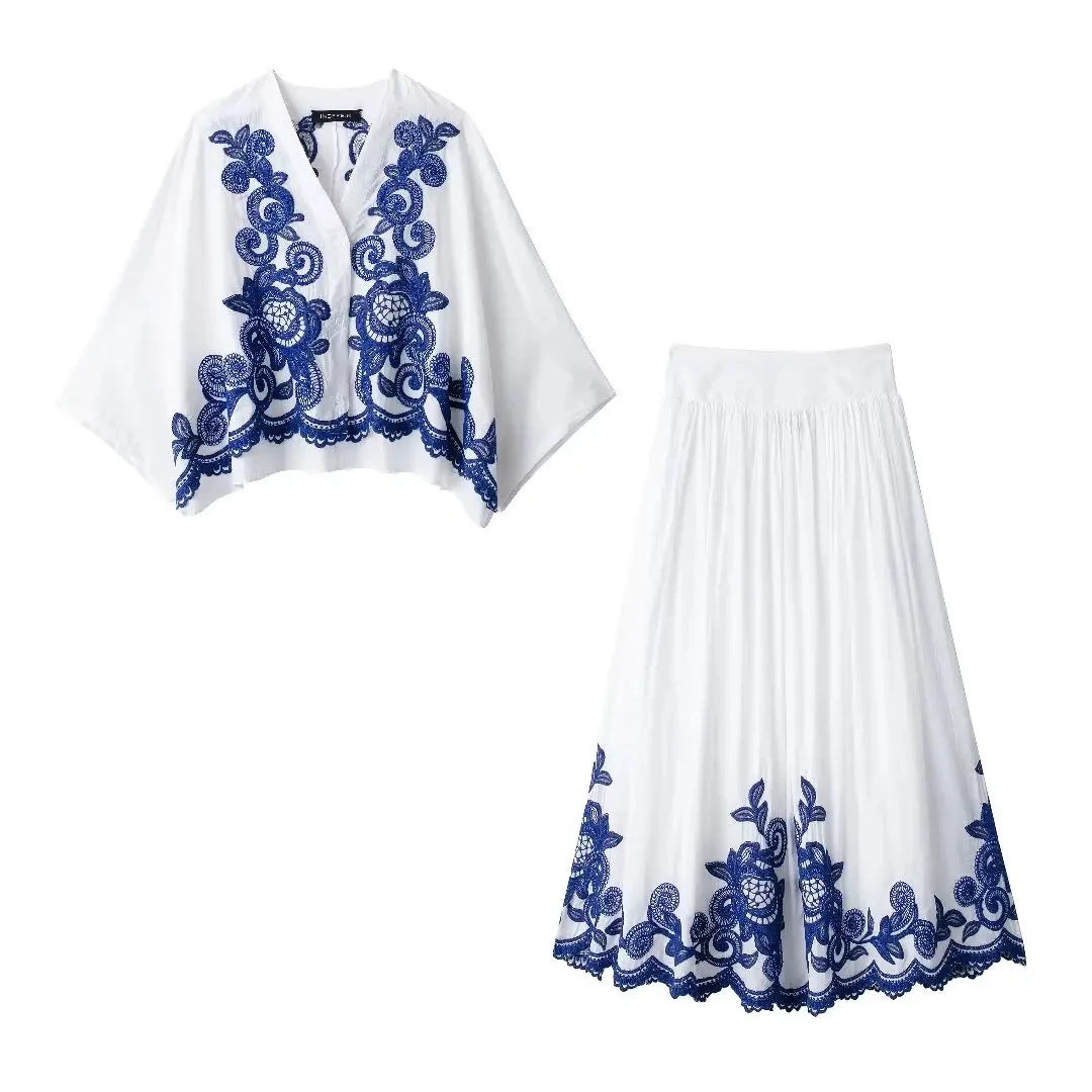 TRAFZA 2024 Woman Embroidery Print Set V Neck Casual Shirt Top + A-Line High Waist Chic Elegant Women's Pleated Long Skirt TRAF