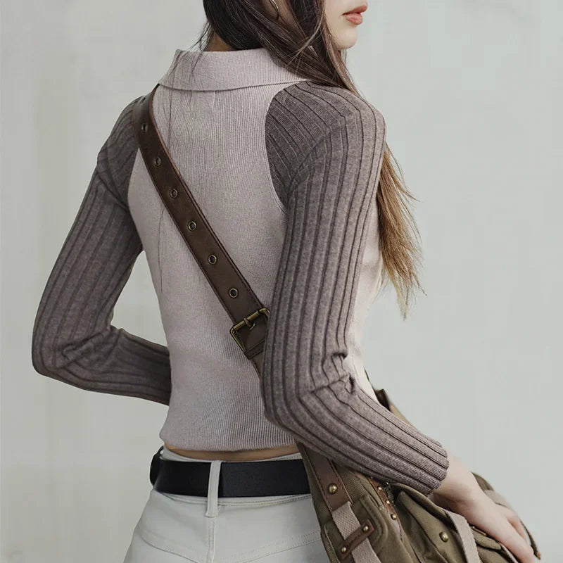 Maden Casual Spliced Knitted Sweater Button Slim Fit Bottoming Versatile Sweater .