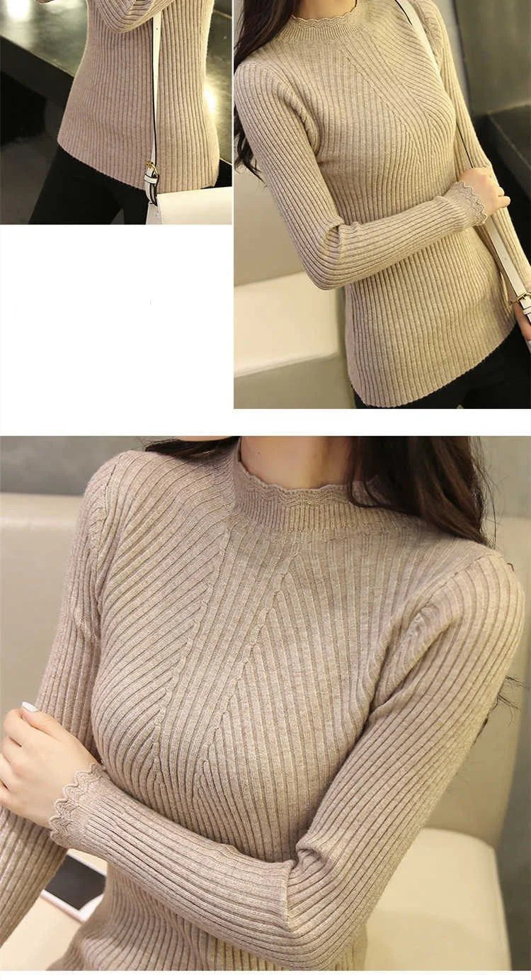 Autumn Women Mock Neck Ruffles Sweater Long Sleeve.