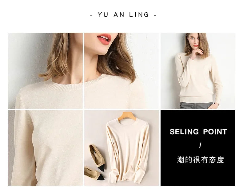 Women Slim O-Neck Pullover Cashmere Wool Blending Sweater.
