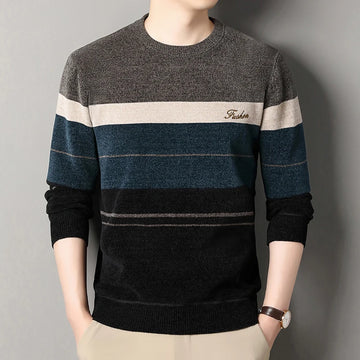 Mens Fashion Striped Sweater Round Neck Pullover Fleece.