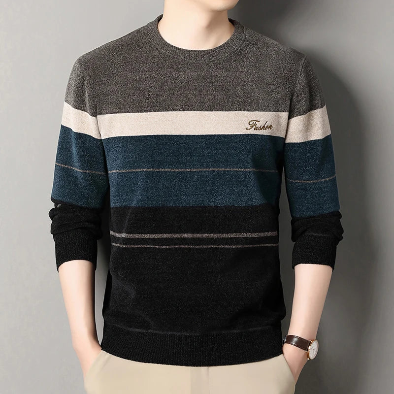 Mens Fashion Striped Sweater Round Neck Pullover Fleece.