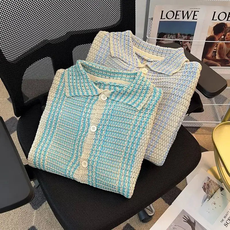 Retro Contrast Striped Summer Men's  Spliced Square Collar Button.