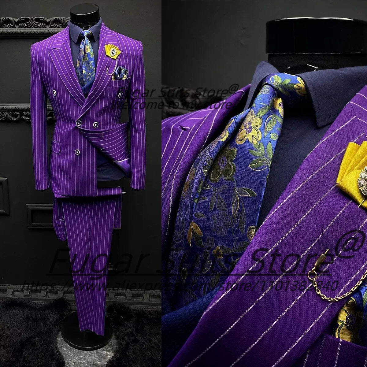 High-end Purple Stripe Men Suits Slim Fit Double Breasted Groom Formal .