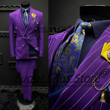 High-end Purple Stripe Men Suits Slim Fit Double Breasted Groom Formal .