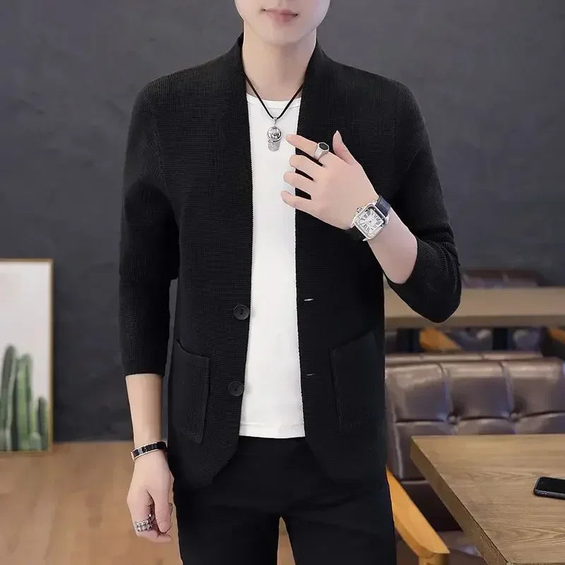 Knit Sweater Male Men's Clothing Cardigan Black Slim Fit Plain .