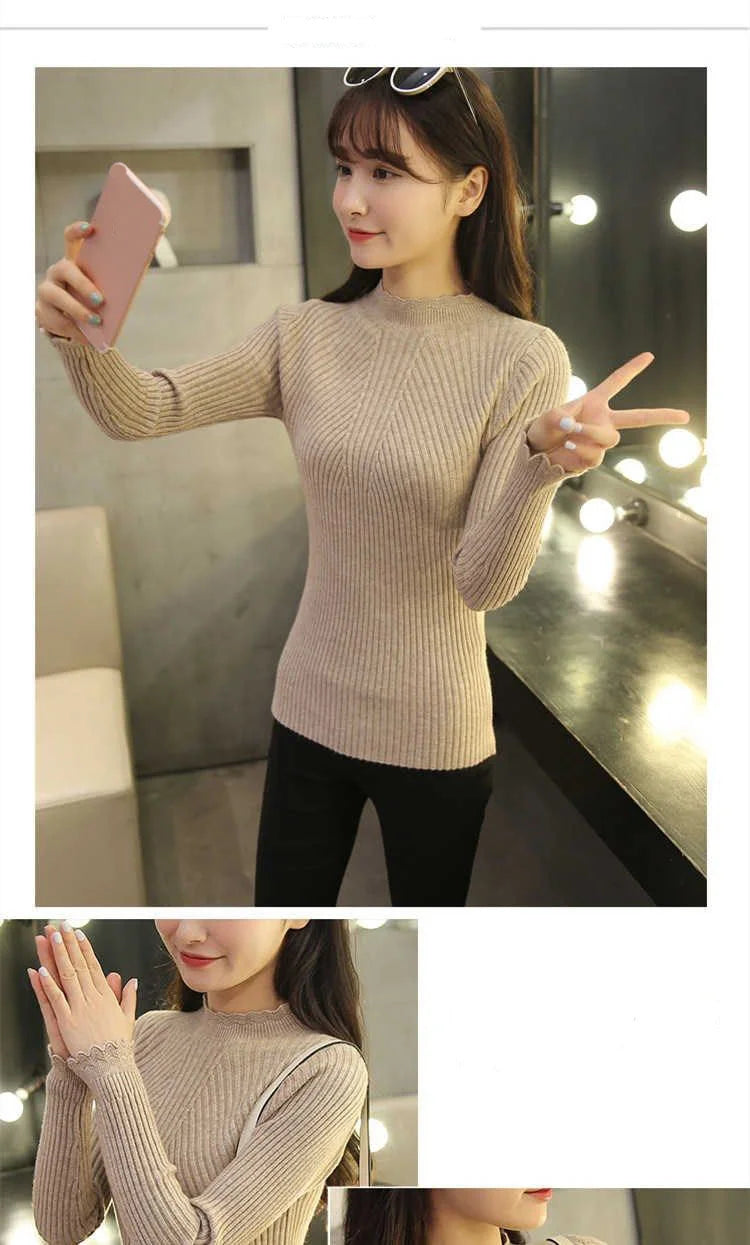 Autumn Women Mock Neck Ruffles Sweater Long Sleeve.
